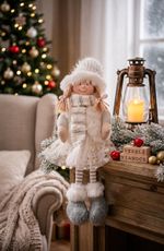 Dekorácia MagicHome Vianoce, Dievčatko v bodkovanej sukni, sediace, 33 cm
