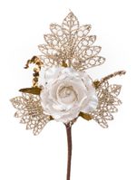 Ág MagicHome Karácsony, rózsával, fehér-arany, 26 cm