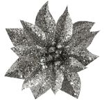 Flower MagicHome Christmas Glitter Poinsettia, with clip, silver, flower size: 9 cm, flower length: