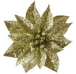 Flower MagicHome Christmas Glitter Poinsettia, with clip, gold, flower size: 9 cm, flower length: 8