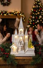 Dekorácia MagicHome Vianoce, Kostol s betlehemom, 6 LED biela, 3xAA, interiér, 17x13x25 cm