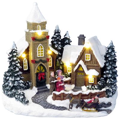 Decoration MagicHome Christmas, Christmas house, 6 LED warm white, with melodies, polyresin, 3xAA, i