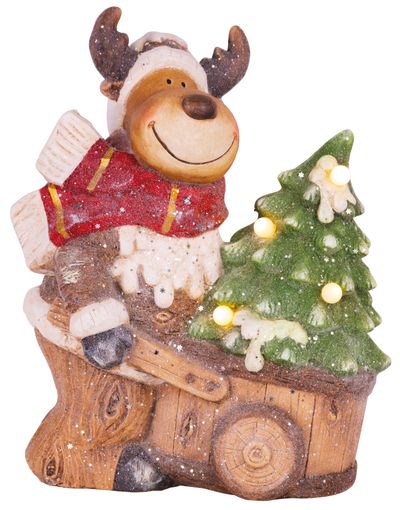 Decoration MagicHome Christmas, Reindeer with wagon, 4 LED, 3xAA, ceramics, 33,50x24x43 cm