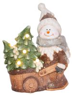 Decoration MagicHome Christmas, Snowman with cart, 6 LED, 3xAA, ceramic, 35x24x43 cm