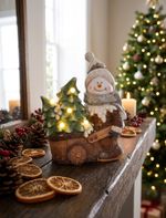 Decoration MagicHome Christmas, Snowman with cart, 6 LED, 3xAA, ceramic, 35x24x43 cm