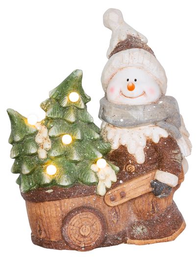 Decoration MagicHome Christmas, Snowman with wagon, 6 LED, 3xAA, ceramics, 35x24x43 cm