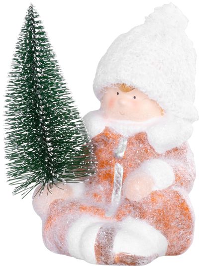 Figurine MagicHome Christmas, Boy with Christmas tree, terakota, 14,5x13x17 cm
