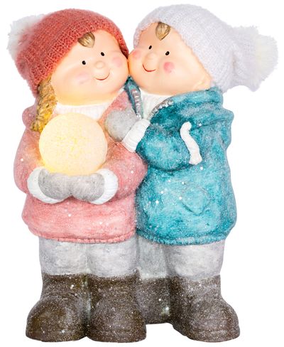 Figurine MagicHome Christmas, Boy and girl with a snowball, 1 LED, ceramics, 27,5x23x40 cm