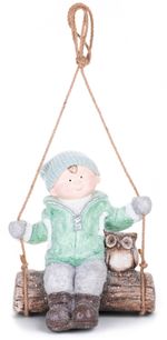 Figura MagicHome, karácsonyi, fiú hintán bagollyal, függő, kerámia, 34,5x25,5x39,5 cm