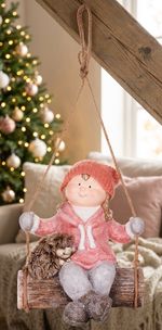 Figure MagicHome Christmas, Girl on a swing with a hedgehog, hanging, ceramic, 31.5x28x36 cm
