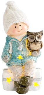 Figurine MagicHome Christmas, Boy sitting on a stool with an owl, 1 LED, polyresin, 10.5x10.5x19.5 c