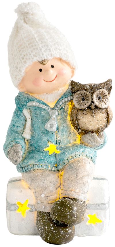 Figurine MagicHome Christmas, Boy sitting on a stool with an owl, 1 LED, polyresin, 10,5x10,5x19,5 c