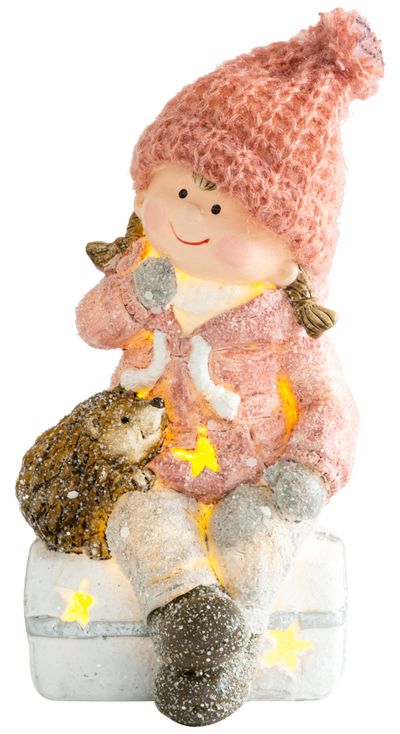 Figurine MagicHome Christmas, Girl sitting on stool with a hedgehog, 1 LED, polyresin, 10,5x10,5x19,