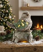 Dekorácia MagicHome Vianoce, Sýkorka na kmeni, 9 LED, 3xAAA, keramika, 22x21,50x40 cm
