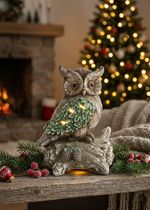 Decoration MagicHome Christmas, Owl on a log, 9 LED, 3xAAA, ceramic, 31x21x42 cm
