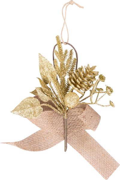 Ág MagicHome Karácsony, tobozzal és juta szalaggal, arany, 17 cm