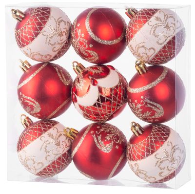 Globes MagicHome Christmas, 9 pcs, red with ornament, on the Christmas tree, 6 cm