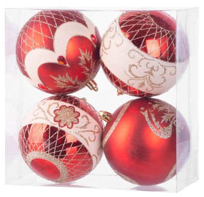 Globes MagicHome Christmas, 4 pcs, red, with ornaments, on the Christmas tree, 10 cm