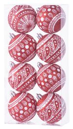 Balls MagicHome Christmas, 8 pcs, 6 cm, red with white ornament, with glitter, for Christmas tree