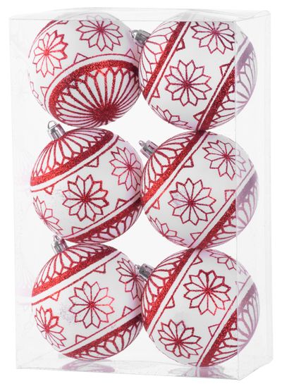 MagicHome karácsonyi gömbok, 6 db, 8 cm, piros-fehér, mix, karácsonyfára