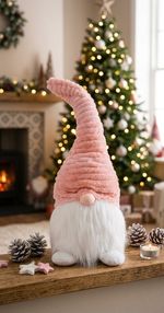 Figure MagicHome Christmas, Gnome with short legs, fabric, pink-white, 20x19x58 cm
