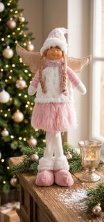 Figurine MagicHome Christmas, Little angel with pink skirt, fabric, pink-white, 29x13x59 cm