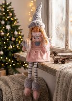 Figure MagicHome Christmas, Girl with a tall hat, fabric, pink-grey, 17x12x54 cm