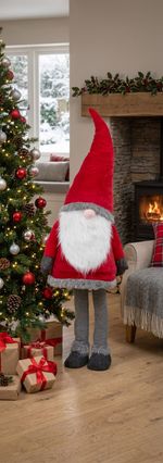 Figure MagicHome Christmas, Gnome in a dress, fabric, red-grey, 50x40x163 cm