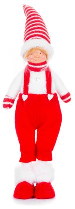 Figura MagicHome Karácsony, Kisfiú nadrágban, textil, piros-fehér, 17x13x48 cm