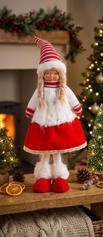 Figure MagicHome Christmas, Girl in a dress, fabric, red-white, standing, 17x13x48 cm