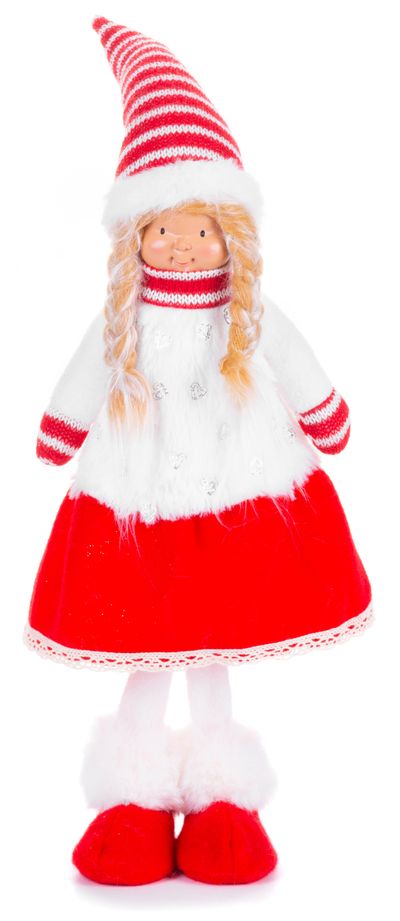 Figurine MagicHome Christmas, Girl in a dress, fabric, red-white, 17x13x48 cm
