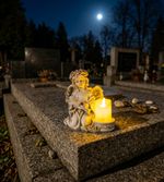 Decoration MagicHome, Angel with Book and Candle, 1xLED, polyresin, for grave, 17.5x12x17.5 cm