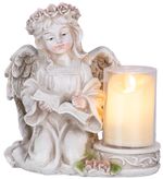 Decoration MagicHome, Angel with Book and Candle, 1xLED, polyresin, for grave, 17.5x12x17.5 cm