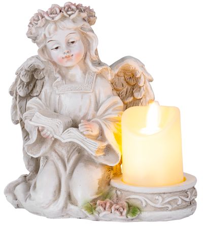 Decoration MagicHome, Angel with a book and a candle, LED, polyresin, for the grave, 17.5x14.5x17.5