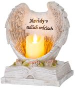 Dekorácia MagicHome, Anjelské krídla na knihe so sviečkou, 1xLED, polyresin, na hrob, 18x13,5x20 cm