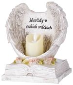 Decoration MagicHome, Angel Wings on Book with Candle, 1xLED, polyresin, for grave, 18x13.5x20 cm