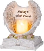Decoration MagicHome, Angel Wings on Book with Candle, 1xLED, polyresin, for grave, 18x13.5x20 cm