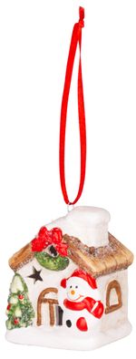 Decoration MagicHome Christmas, House with snowman, LED, terracotta, hanging, 5.8x5x7 cm