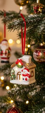 Decoration MagicHome Christmas, House with snowman, LED, terracotta, hanging, 5.8x5x7 cm