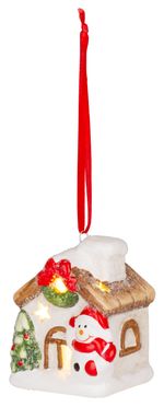 Decoration MagicHome Christmas, House with snowman, LED, terracotta, hanging, 5.8x5x7 cm