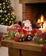 Decoration MagicHome Christmas, Santa with train, LED, terracotta, 10.3x6.3x10.7 cm