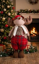 Figure MagicHome Christmas, Reindeer in trousers, fabric, red, 32x25x92 cm
