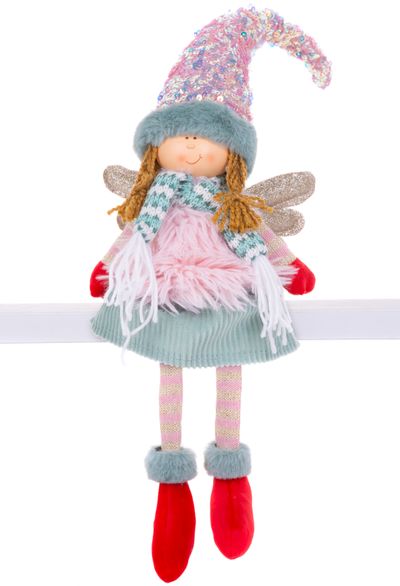 Figurine MagicHome Christmas, Angel with red shoes and long legs, fabric, pink-green, 16x10x71 cm