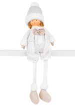 Figura MagicHome Vianoce, karácsonyi, fiú fehér sapkában hosszú lábakkal, fehér-arany, szövet, 15x10