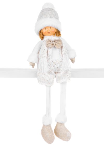 Figurine MagicHome Christmas, Boy in white hat with long legs, white-gold, fabric, 15x10x45 cm