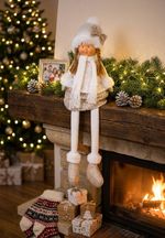 Figure MagicHome Christmas, Girl in a white hat with long legs, white-gold, fabric, 15x10x45 cm