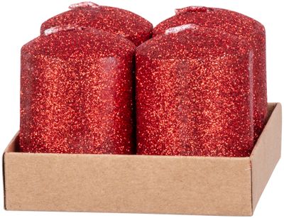 Candle MagicHome Christmas, 4x6 cm, cylindrical, pack. 4 pcs, red, with glitter, Advent