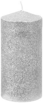 Gyertya MagicHome Karácsonyi, 5,5x12 cm, henger alakú, ezüst, csillámos