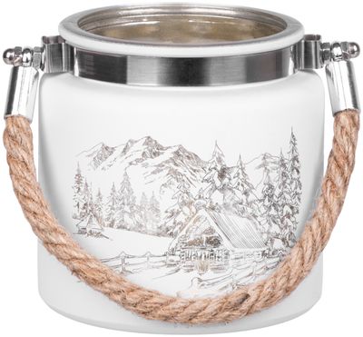 MagicHome karácsonyi gyertyatartó,10 x 10 cm, fehér, tájképpel, zsinórral