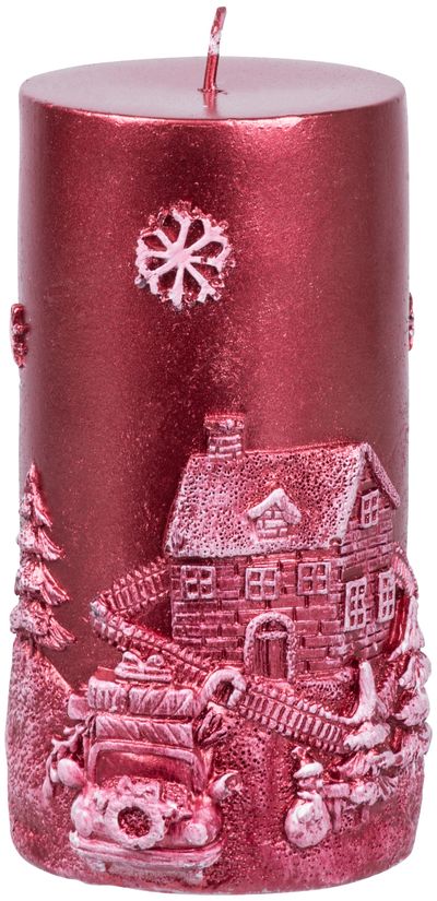 Candle MagicHome Christmas, 7x12.5 cm, cylindrical, red, with 3D landscape
